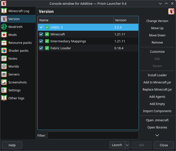 Prism Launcher screenshot showing the instance management user-interface