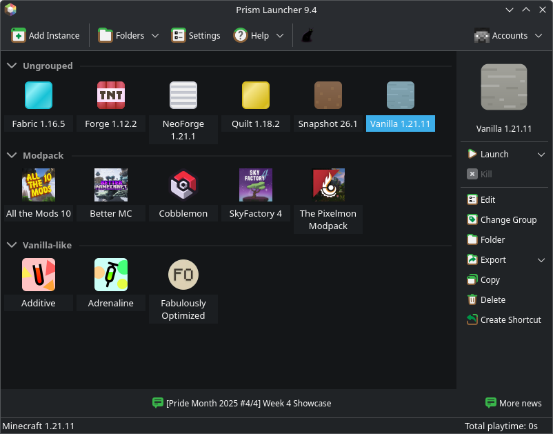 Prism Launcher screenshot showing off various different modpacks and instances