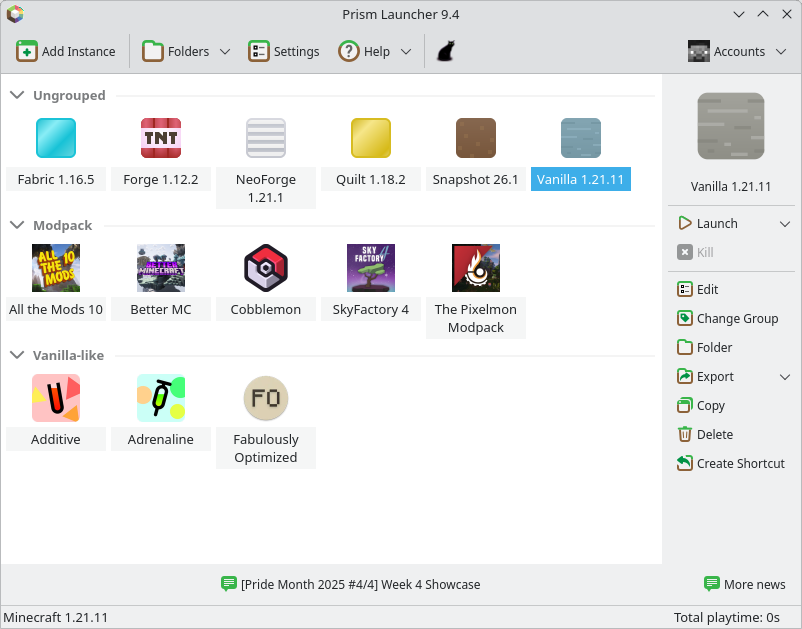 Prism Launcher screenshot showing off various different modpacks and instances