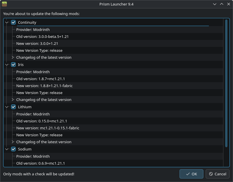 Prism Launcher screenshot showing the mod updating user-interface