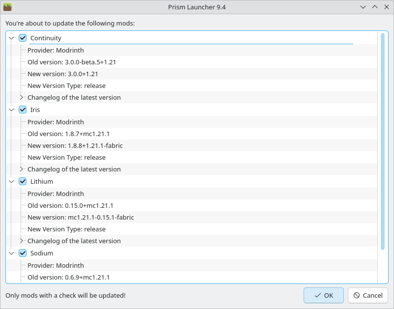 Prism Launcher screenshot showing the mod updating user-interface