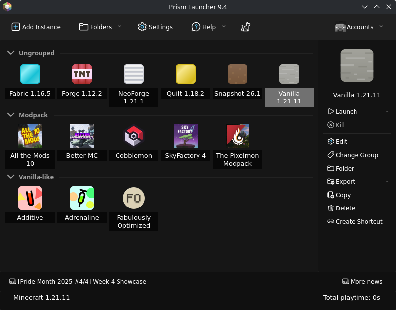 Prism Launcher screenshot showing a themed user-interface