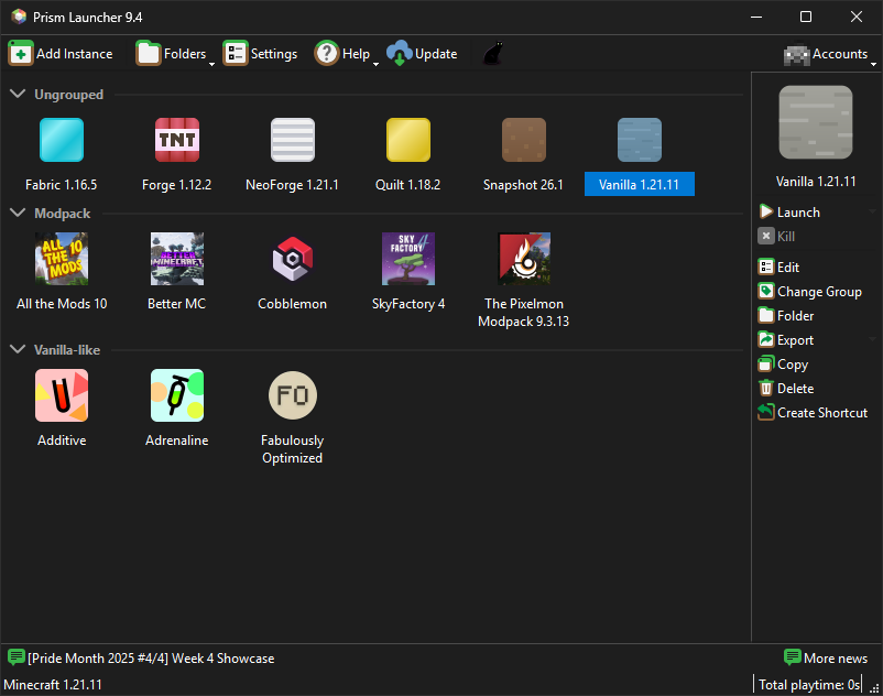 Prism Launcher screenshot showing off various different modpacks and instances