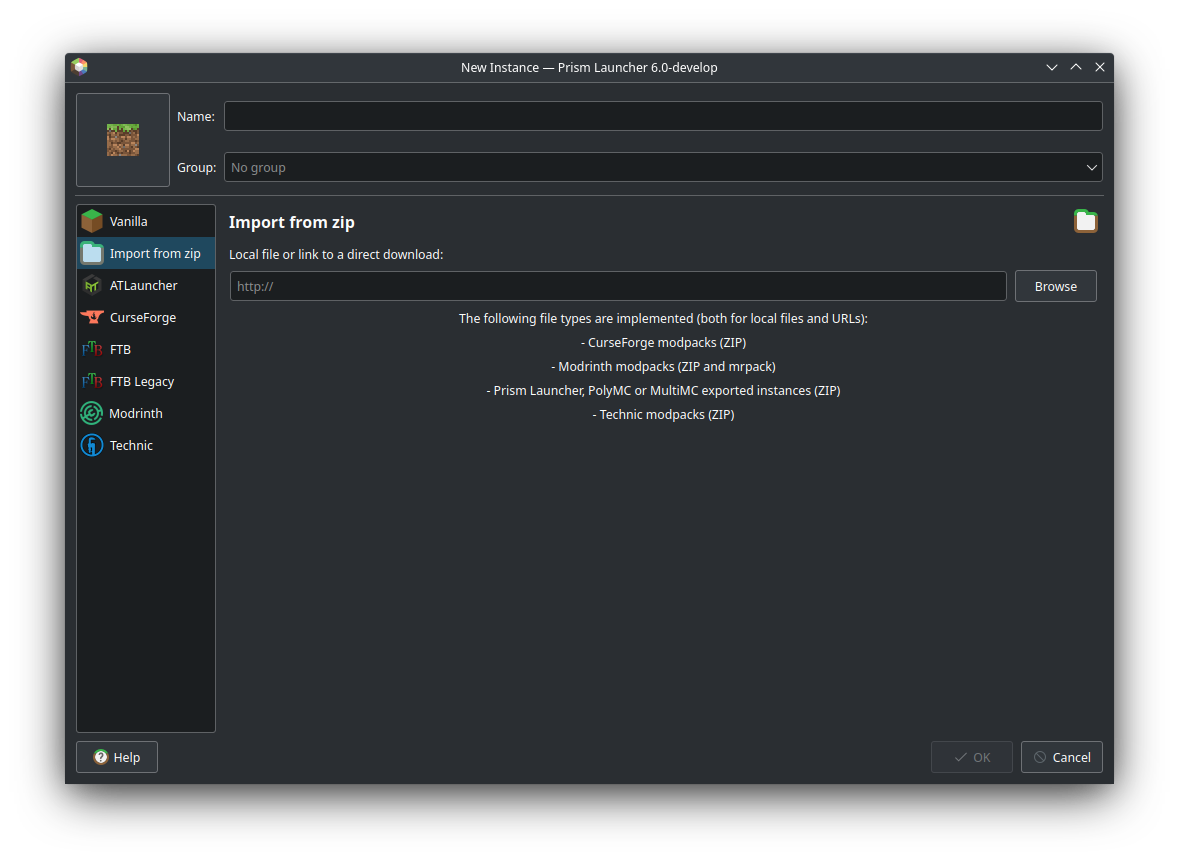 Import from zip tab under PrismLauncher New Instances